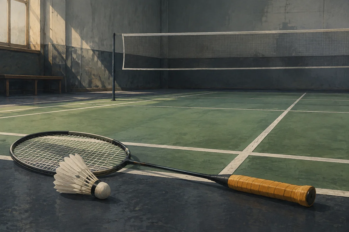 Stylized illustration of a badminton racket and shuttle