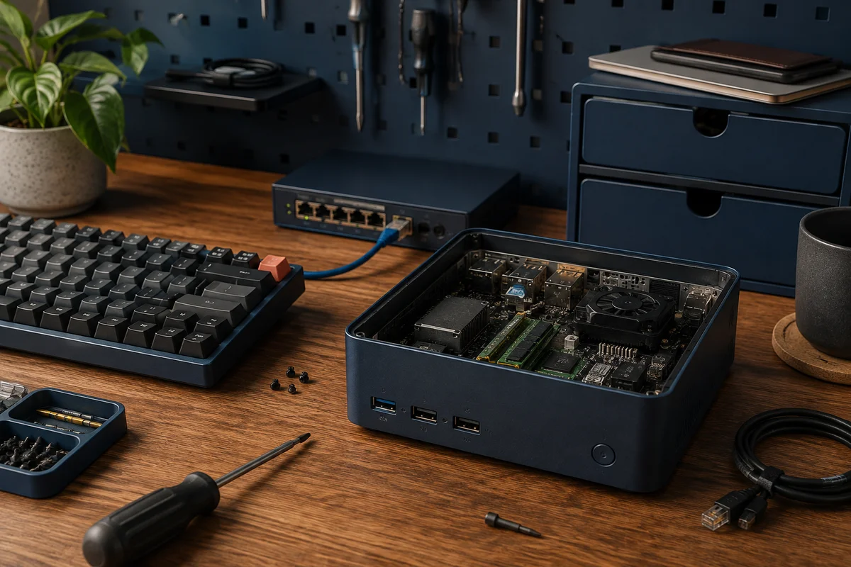 Illustration of an open mini PC, tools, and a network switch on a home lab workbench