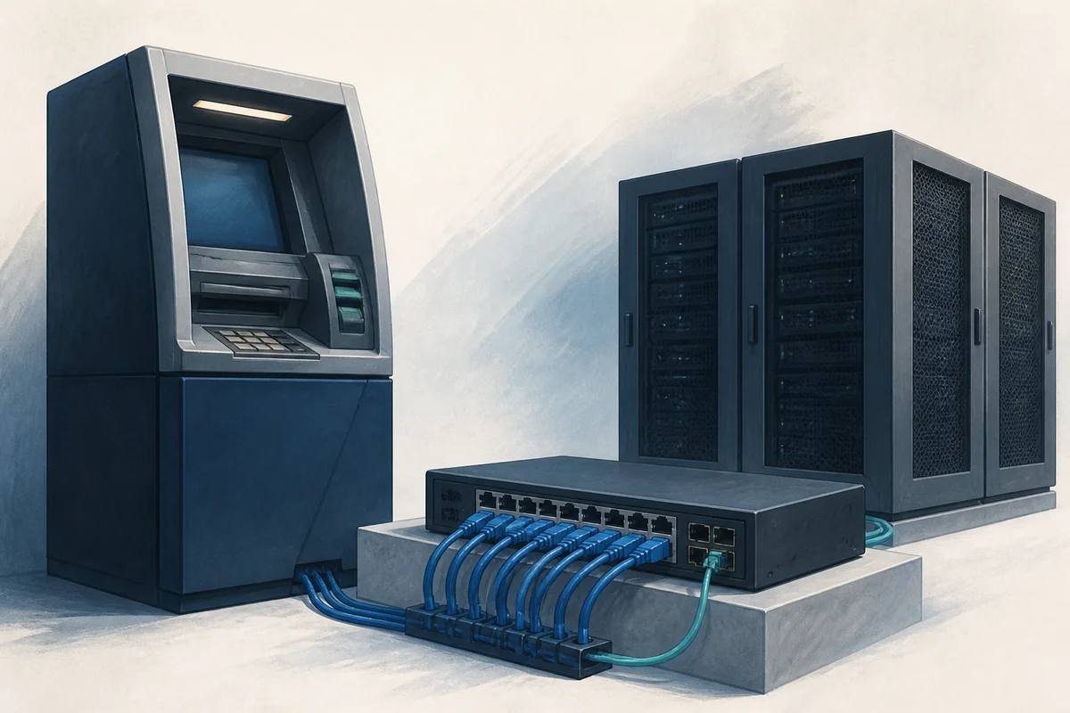 Stylized payments network: ATM endpoints on leased circuits into a processing core