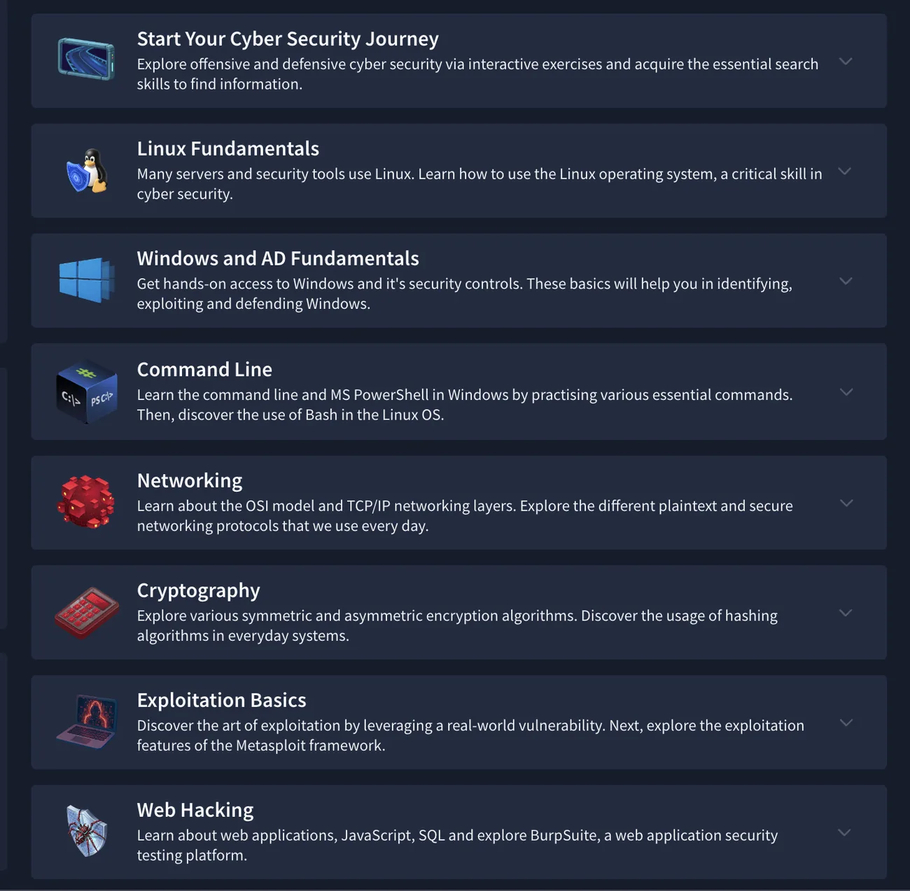 TryHackMe Cyber Security 101 path, sections 1 to 5 showing completed modules