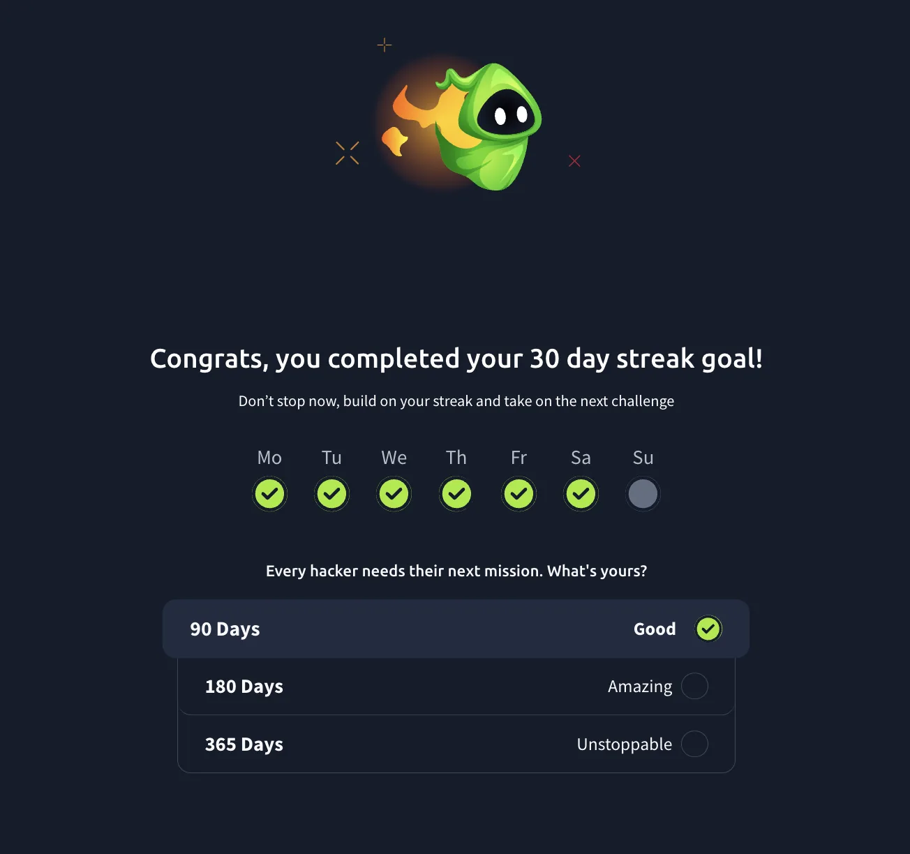 TryHackMe 30 day streak completion screen, with a 90 day goal selected next